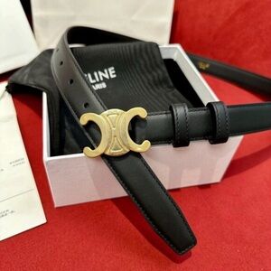 Celine Black Leather Triomphe Belt with Gold Hardware